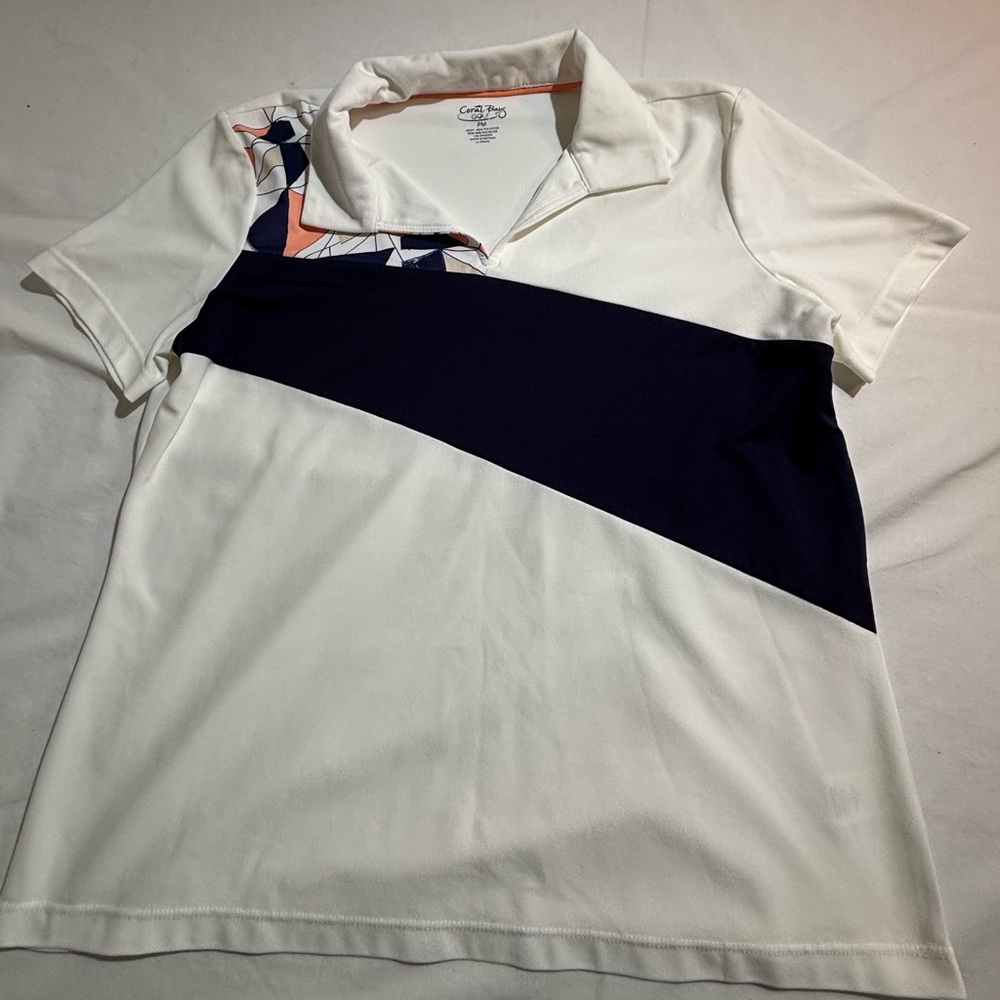 Coral Bay Women’s White Polo Golf shirt with Navy Diagonal Panel Sz PM